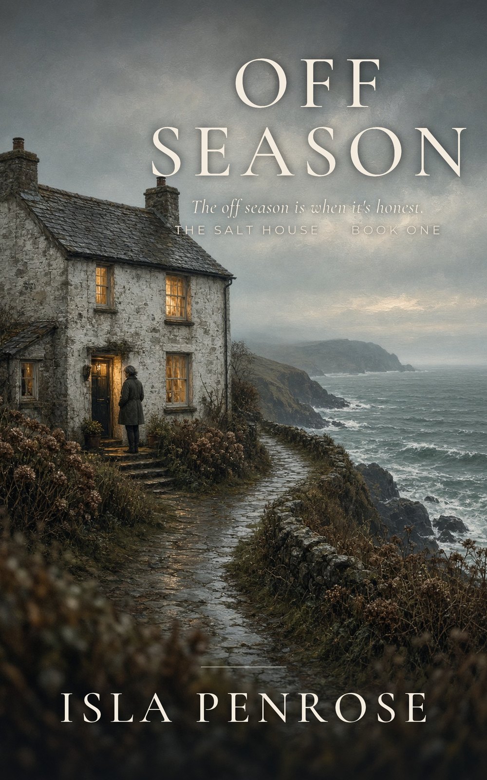 Off Season by Isla Penrose — a whitewashed guesthouse above a Cornish harbour in the rain